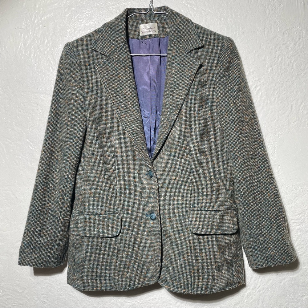 Vtg green Wool Blend Preppy Acadamia Twee Tweed Blazer Woman's small - Picture 3 of 10